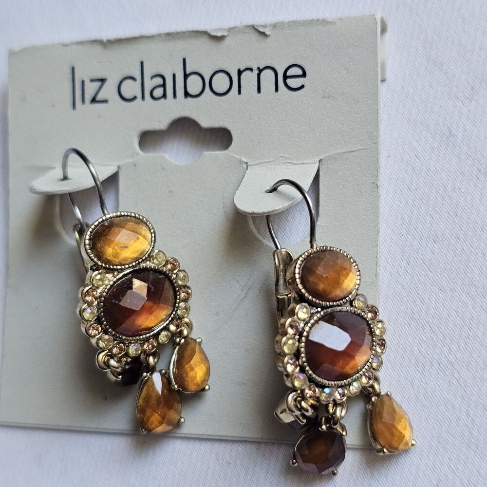 Liz Claiborne Amber Brown Dangle Earrings Gold Tone Leverback New On Card Boho